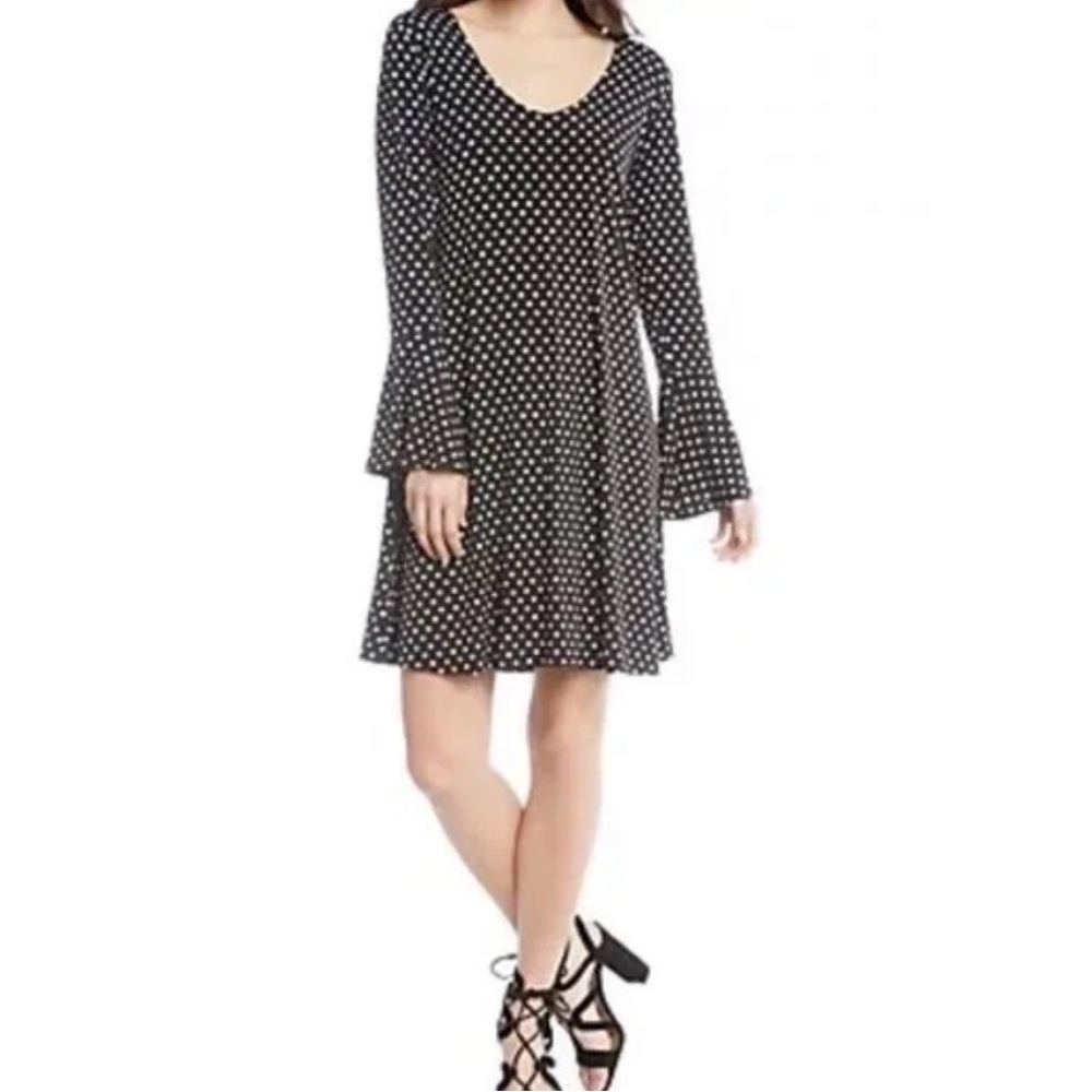 Excellent SZ L Karen Kane Black Polka Dot Long-Sleeve Swing Dress